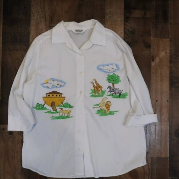 Improved Living Womans Large Noah's Ark Button Up 3/4 Sleeve 90s Christian - Picture 2 of 5